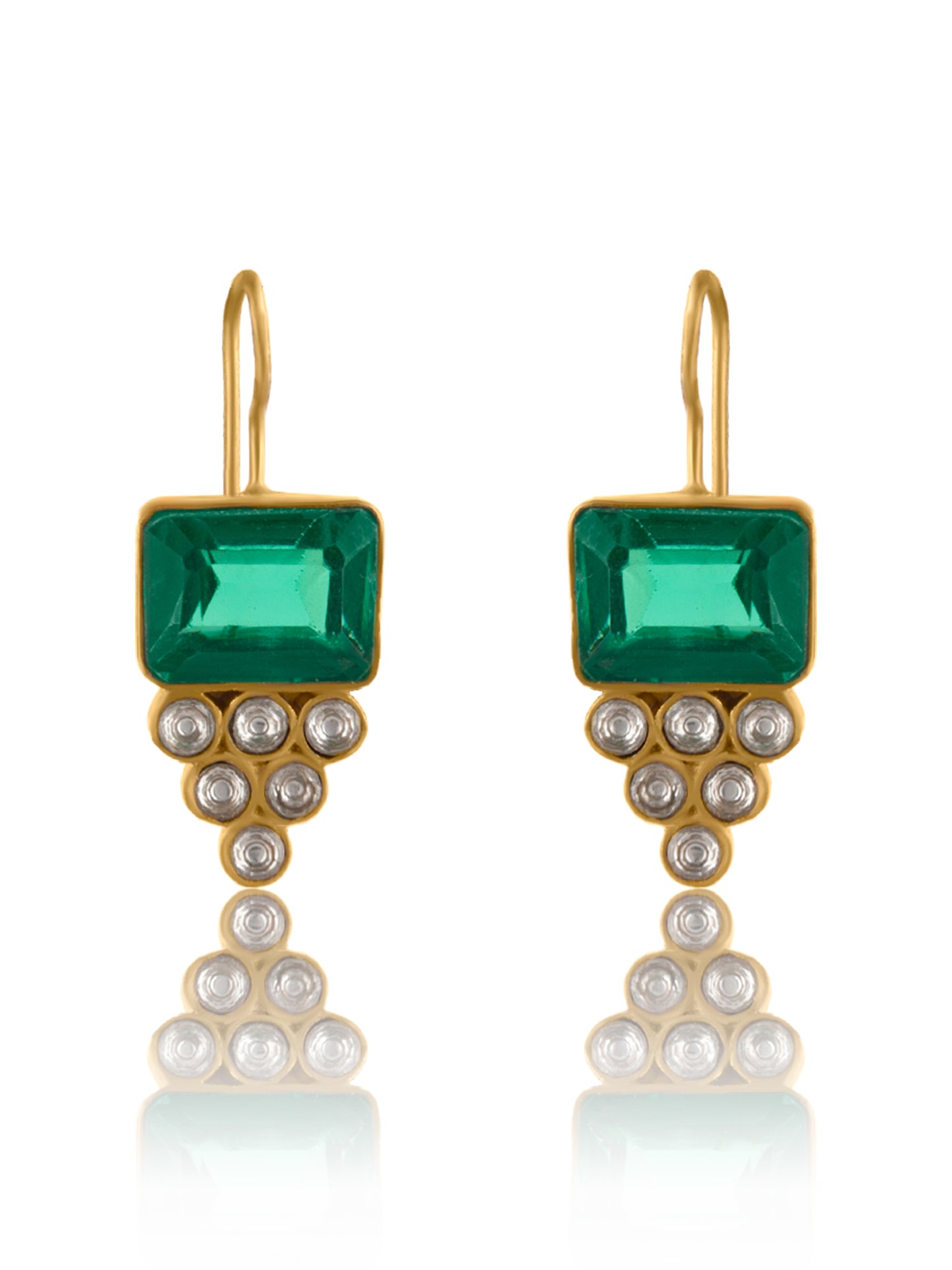 925 Sterling Silver 22K Gold Plated Natural Green Gemstone Earring With White Kundan
