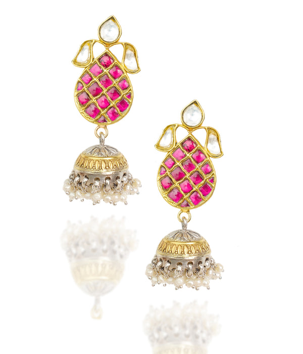 925 Silver Gold Plated White and Red Oval Jhumki Earrings alternate