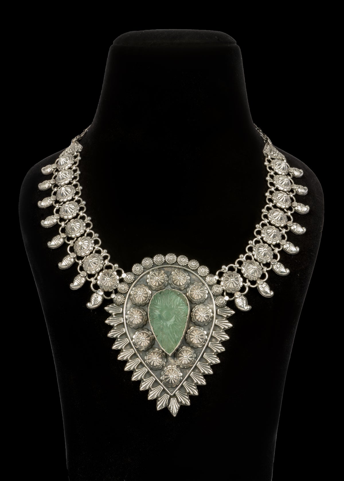 925 Sterling Silver Tribal Necklace with Fine Carved Stone view 1