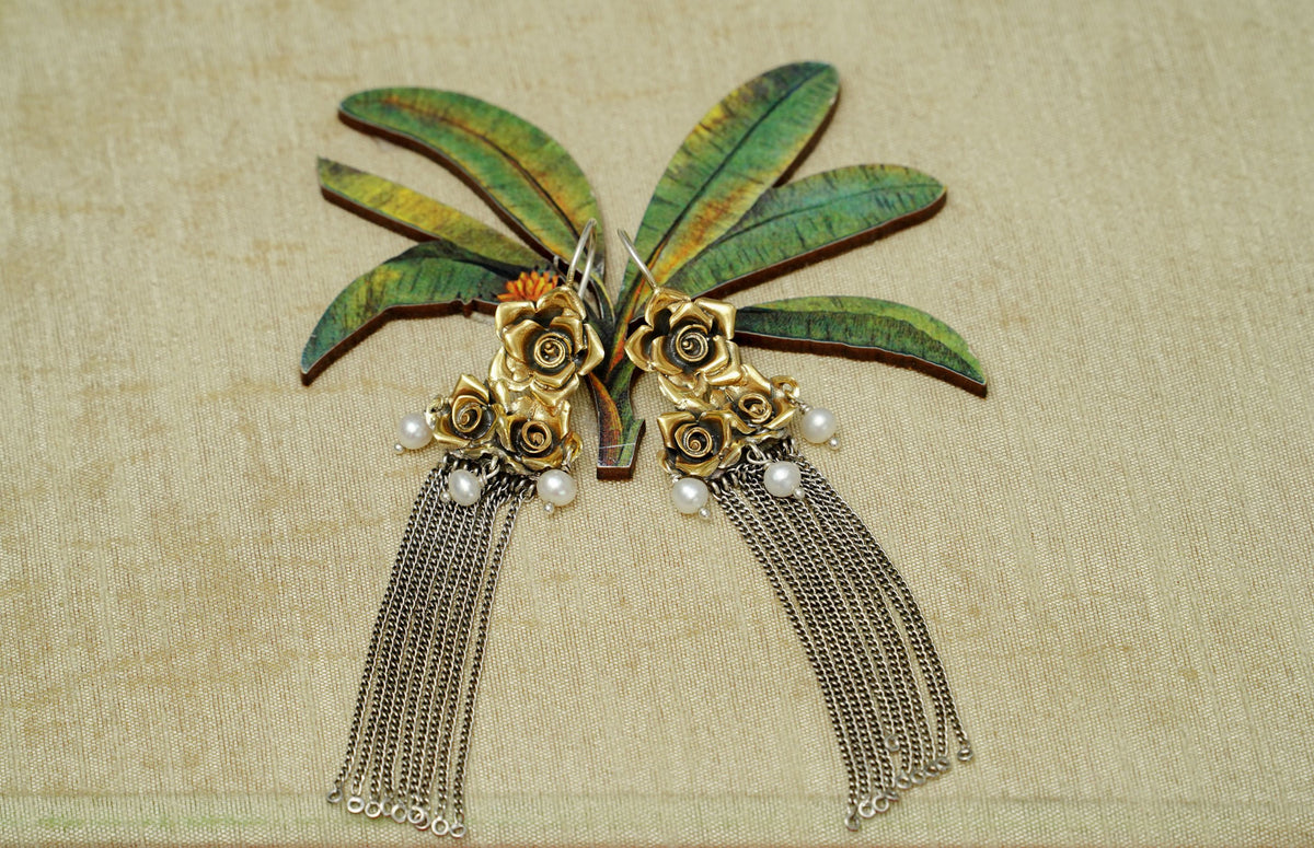 Floral Two-Toned Long Earrings with Pearl view 4