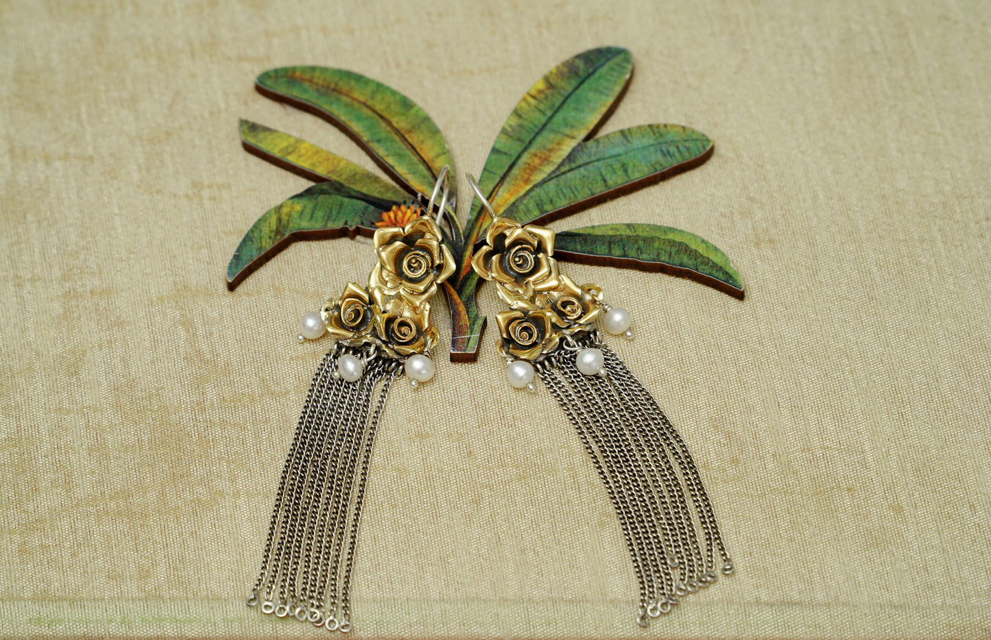 Floral Two-Toned Long Earrings with Pearl - Neeta Boochra Jewellery