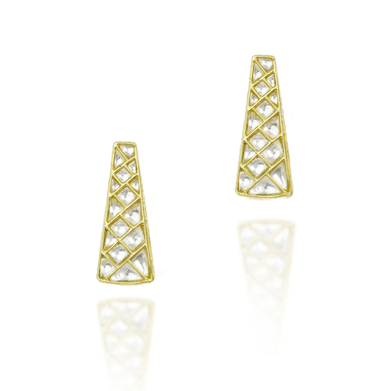 925 Silver Gold Plated White Kundan Trapezium Studs view 1