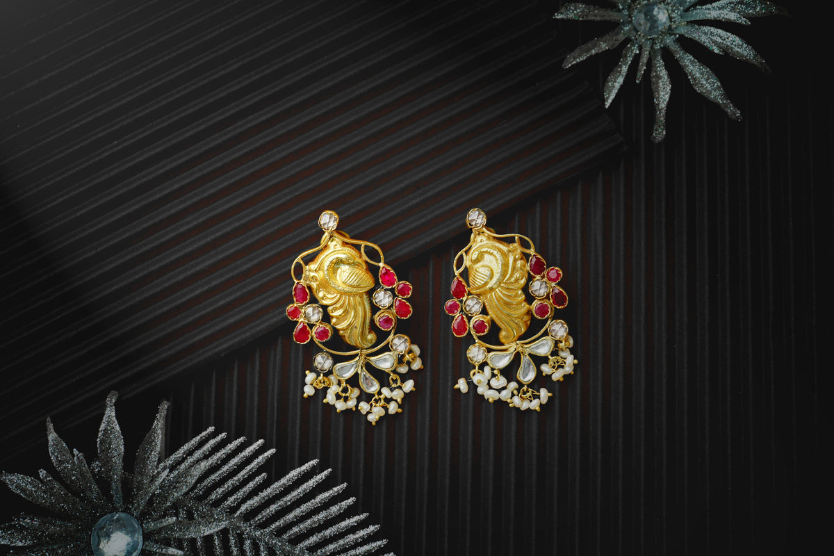 Silver Gold Plated Peacock Earrings with Kundan and Ruby view 3