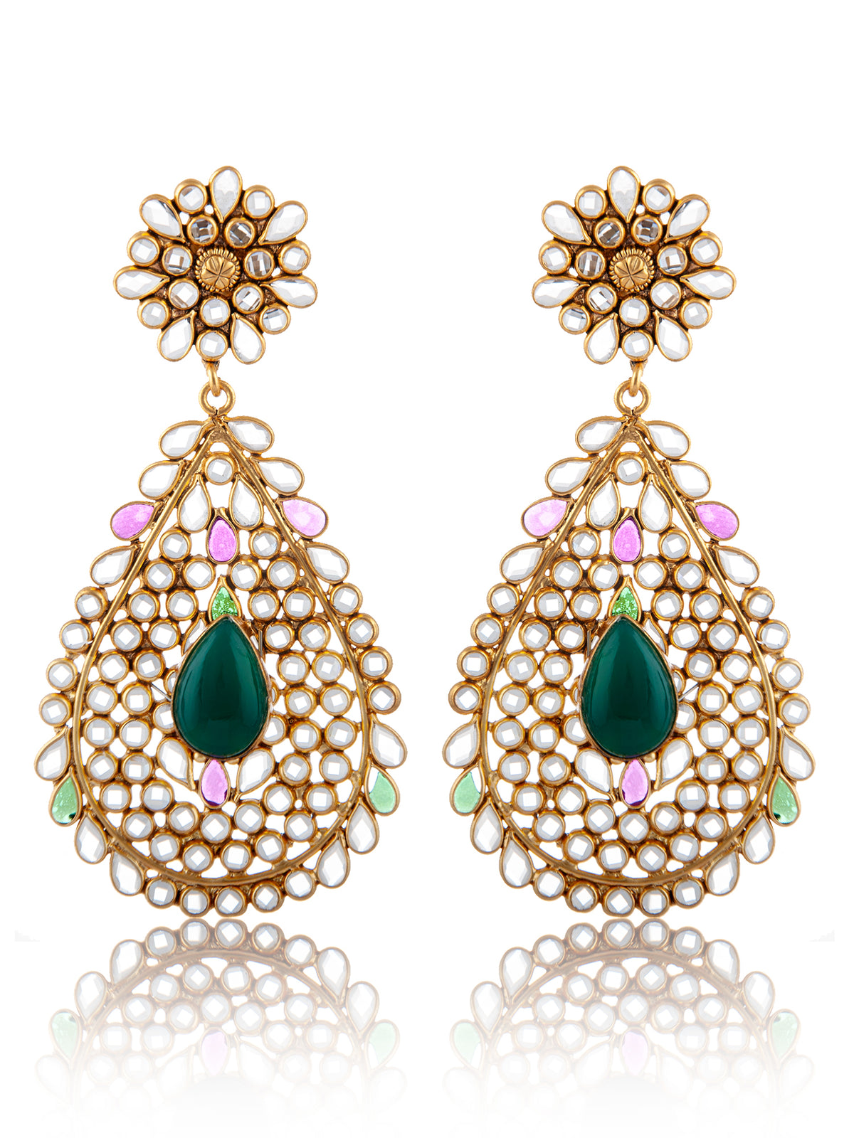 925 Sterling Silver 22K Gold Plated Multicolored Checker Crystal Earrings with Green Onyx view 3