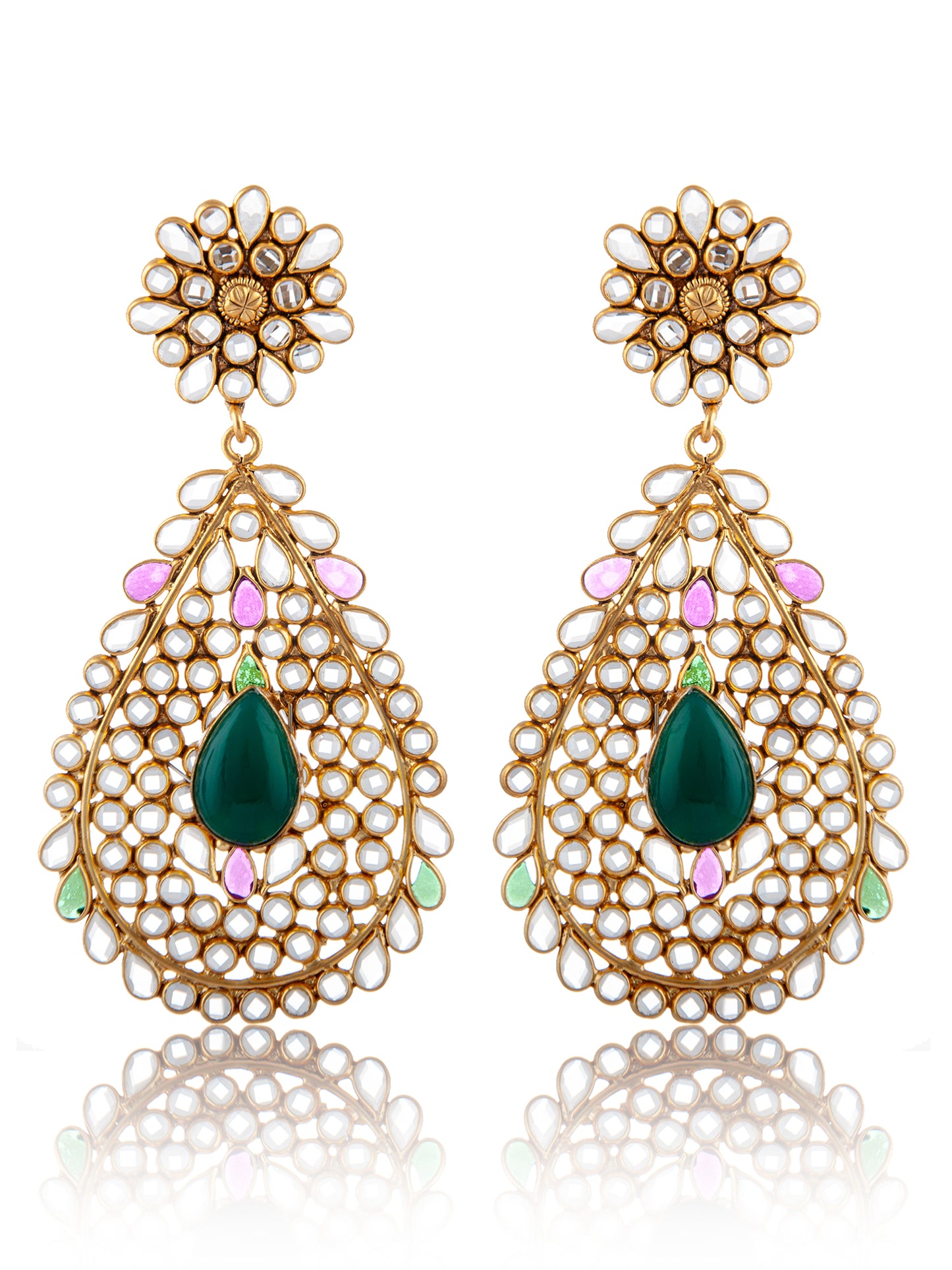 925 Sterling Silver 22K Gold Plated Multicolored Checker Crystal Earrings with Green Onyx