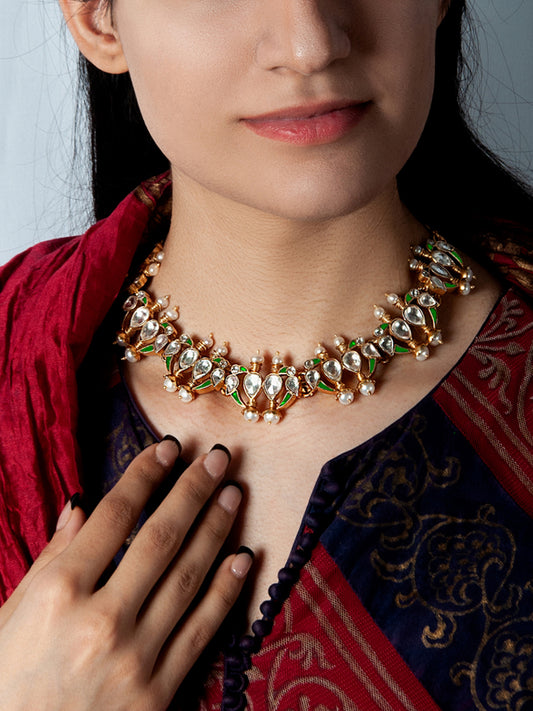 925 Sterling Silver 22K Gold Plated Parrot Necklace With White Kundan Green Kundan and Pearl