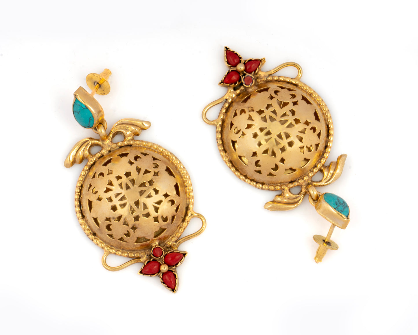 925 Sterling Silver Gold Plated Carved Earrings with Turquoise and Red Coral