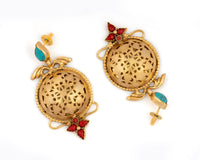 925 Sterling Silver Gold Plated Carved Earrings with Turquoise and Red Coral view 2
