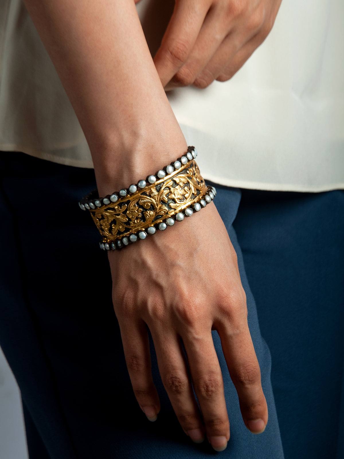 925 Sterling Silver Statement Black Gold Kada with Embossing view 1