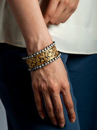 925 Sterling Silver Statement Black Gold Kada with Embossing view 1