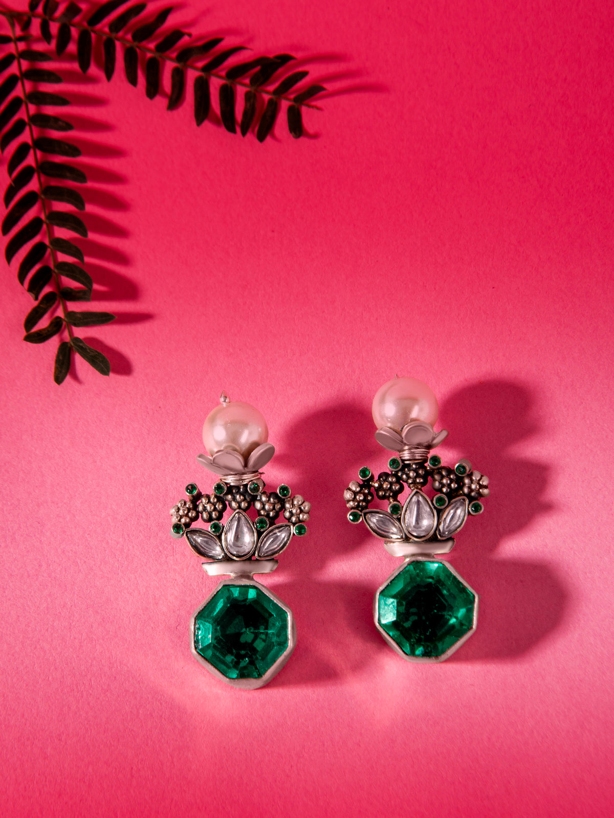 Aurora Emerald Studs with Pearl view 2
