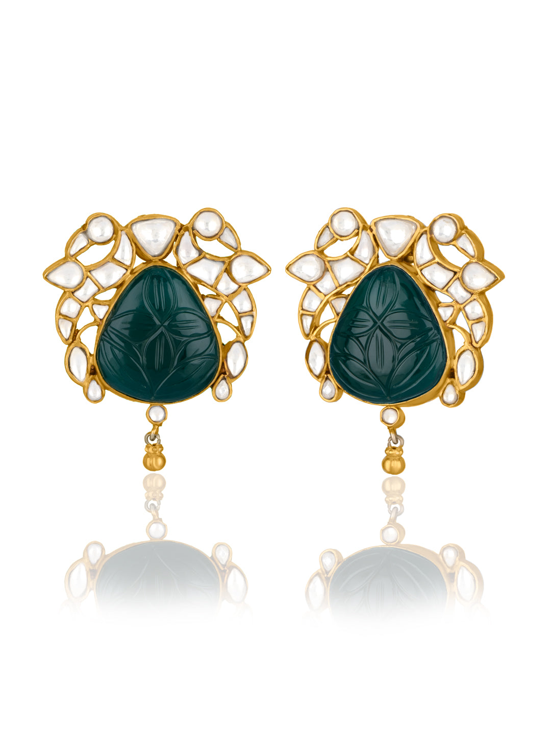 Gold Plated Big Kundan Studs with Green Carved Stone