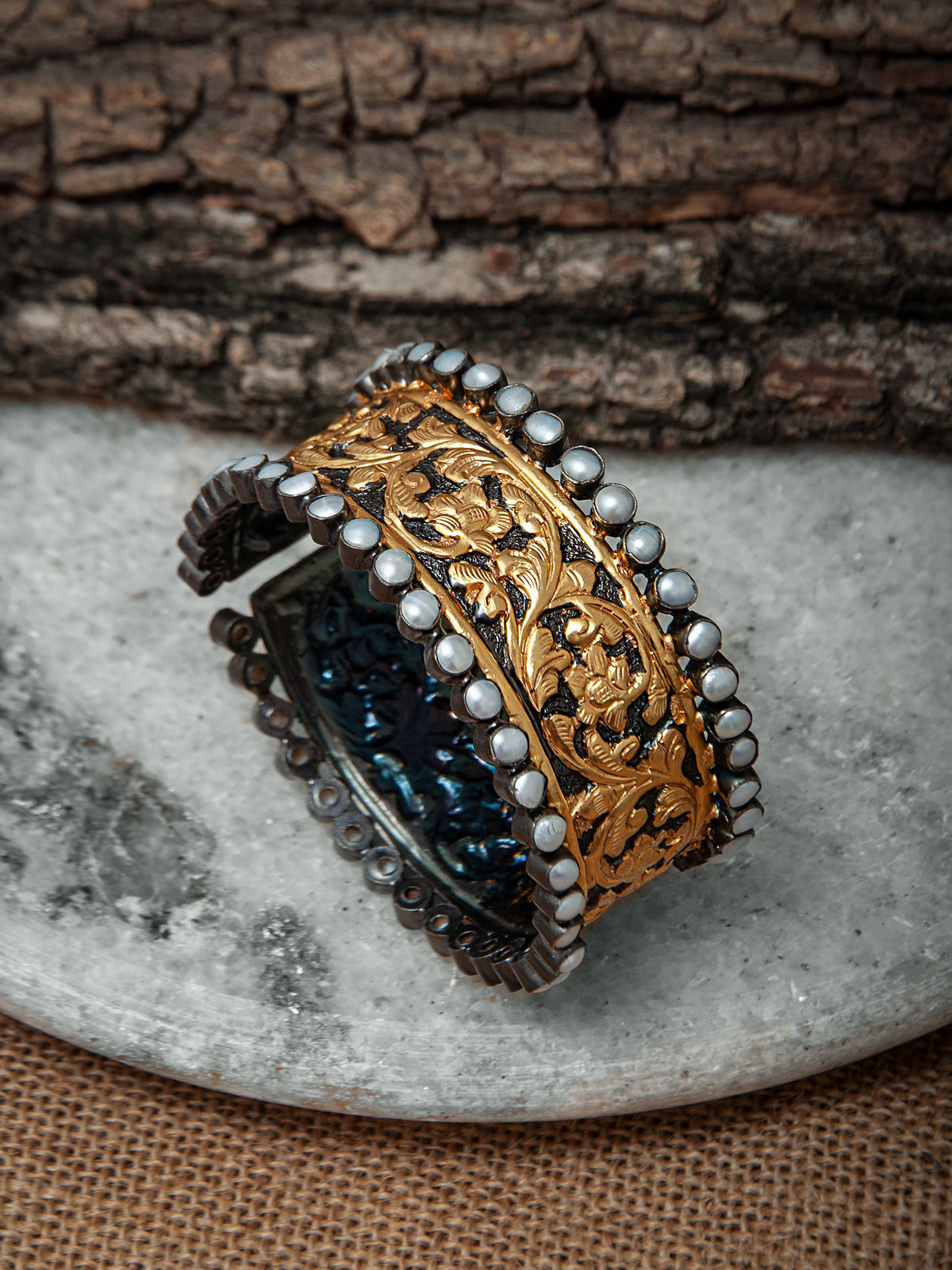 925 Sterling Silver Statement Black Gold Kada with Embossing view 2