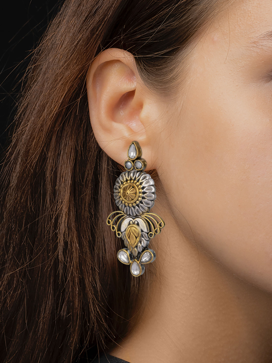 Two Toned Intricate Studs with Kundan view 2