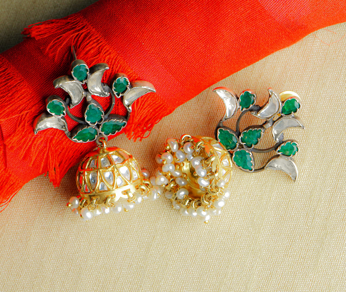 925 Silver Gold Plated Green Stone Earrings with Kundan Jhumki view 4