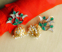 925 Silver Gold Plated Green Stone Earrings with Kundan Jhumki view 4