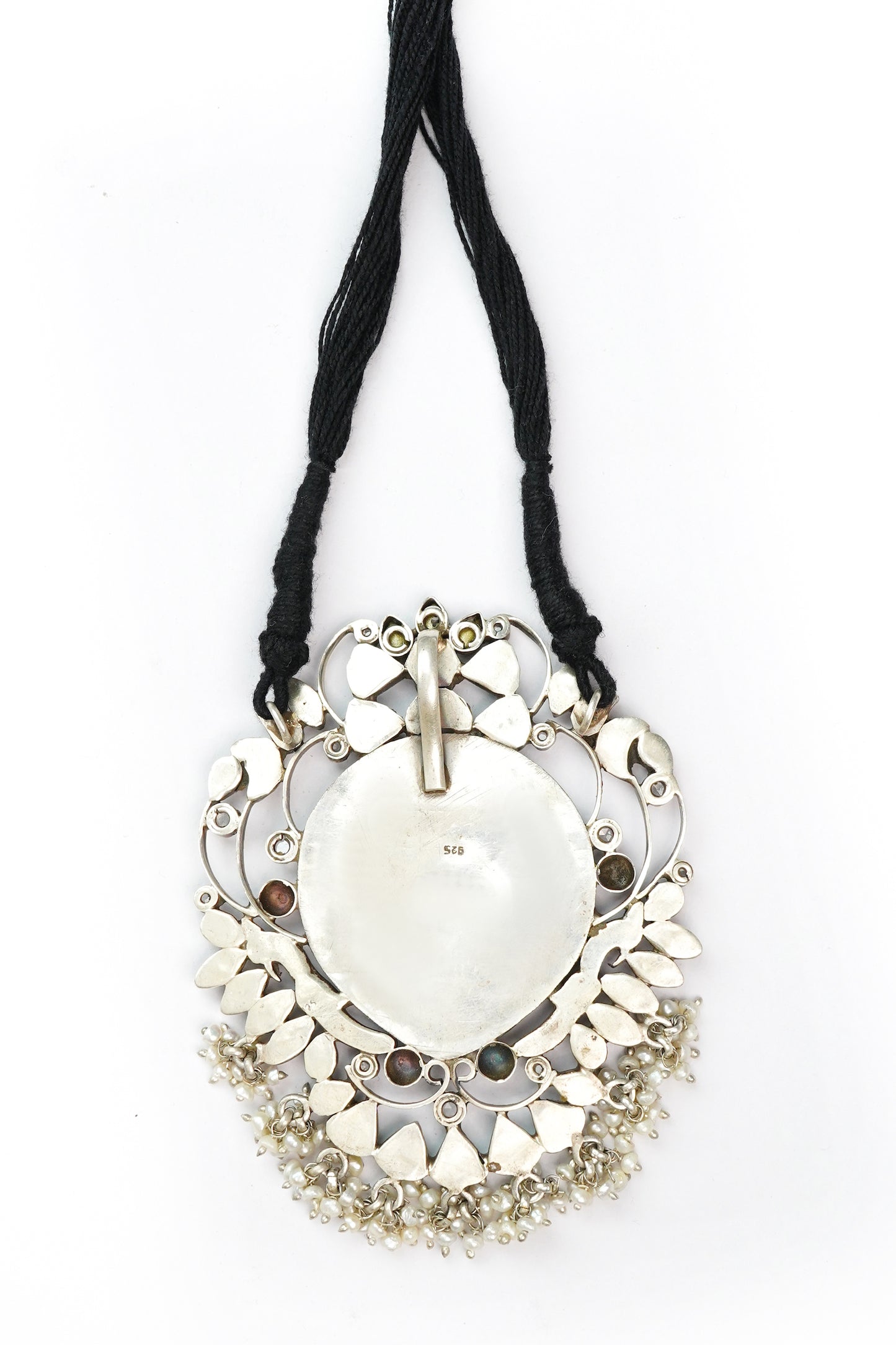 Silver Necklace with Motif and Black Patwa Thread - Neeta Boochra Jewellery