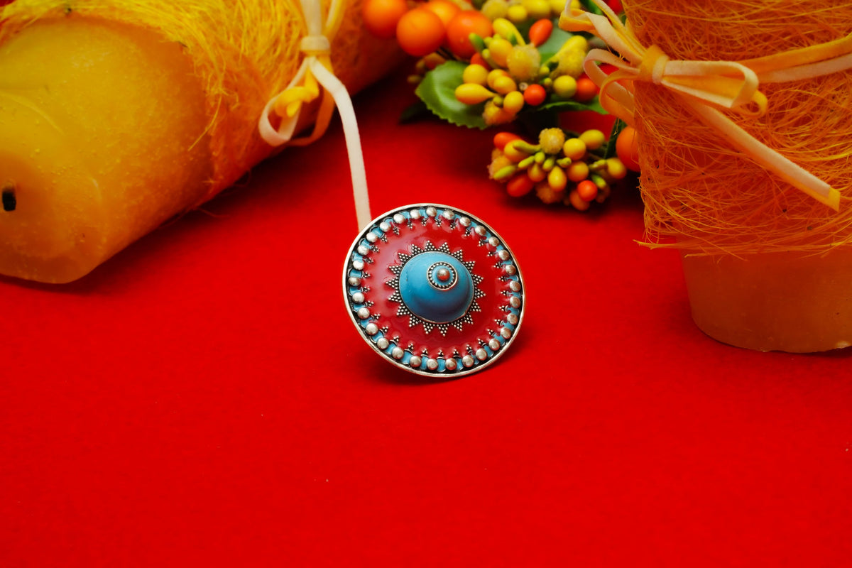Red and Sky Blue Meenakari Ring view 1