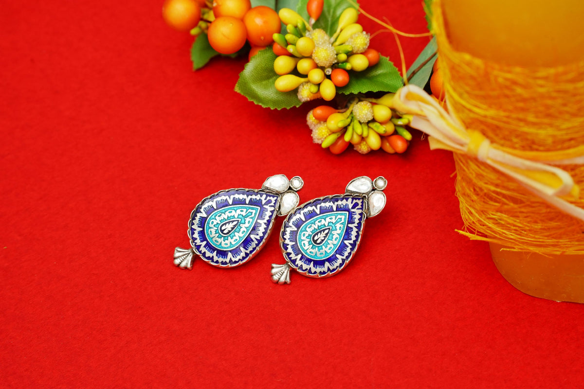 Aqua and Navy Blue Meenakari Kundan Earrings view 4