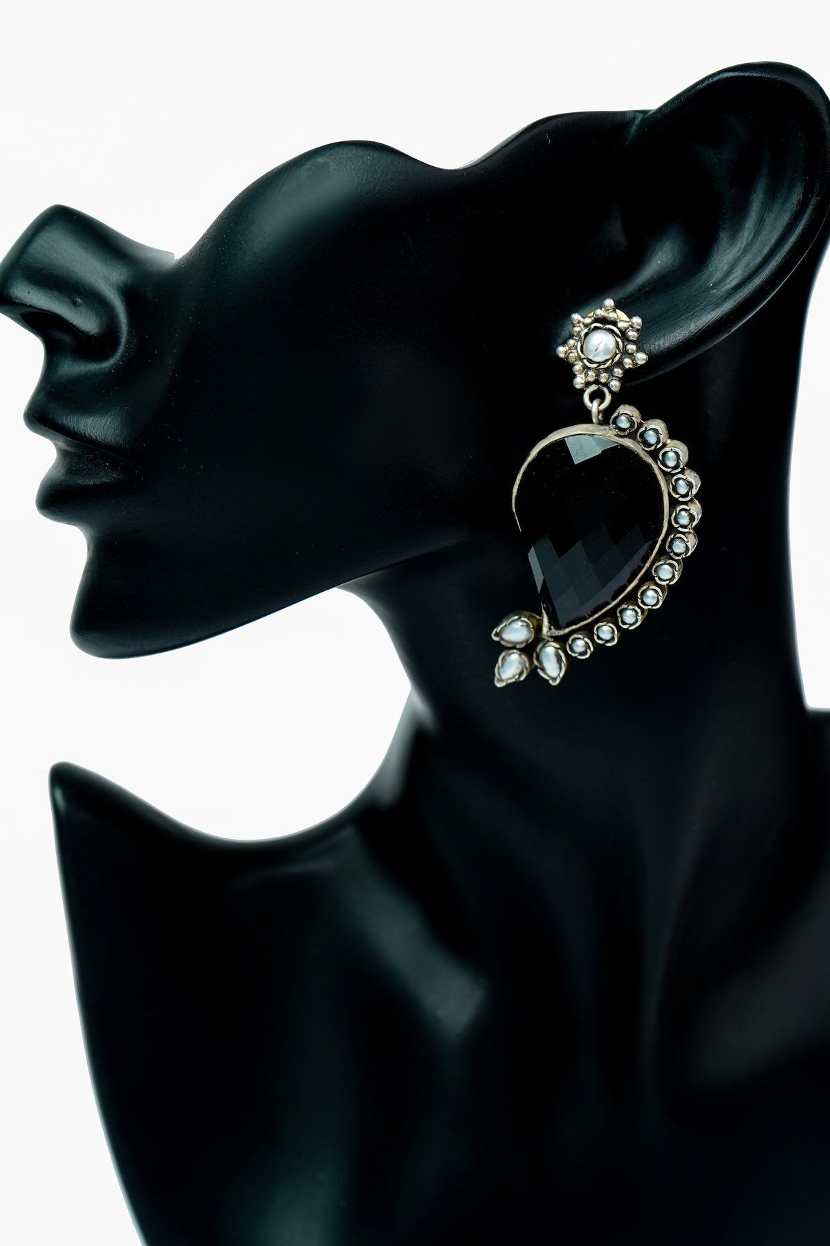 Silver Earrings with Black Onyx and Pearls view 3