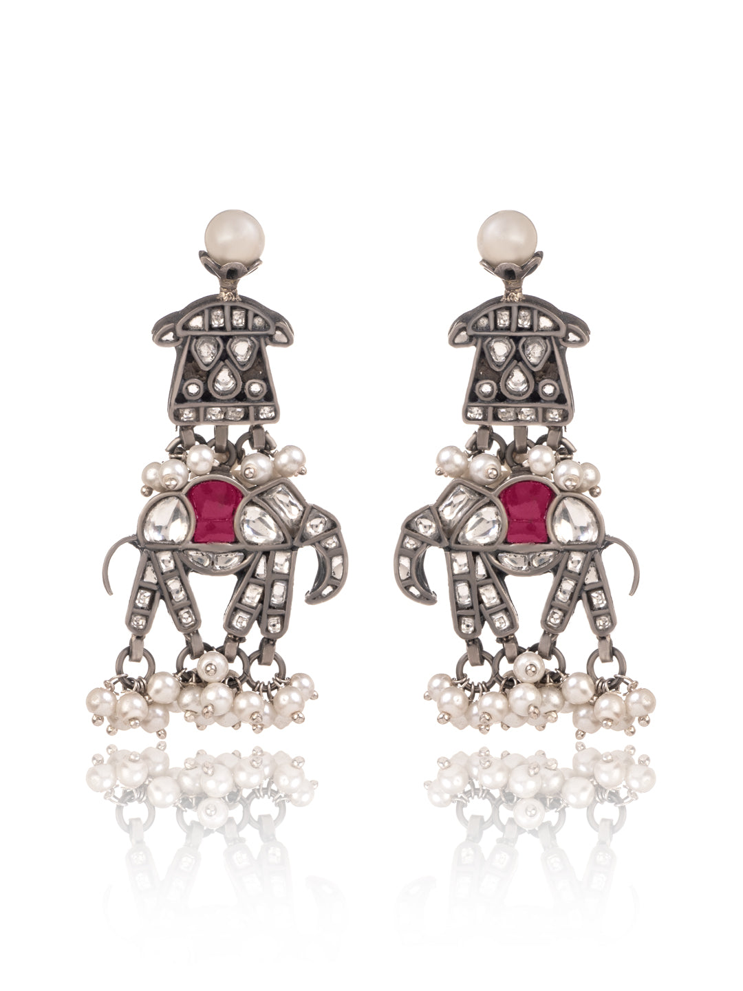 Elephant Earrings with Kundan and Pearl view 1