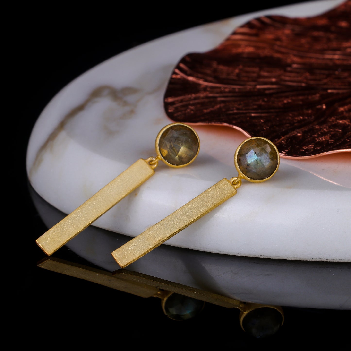 925 Silver Gold Plated Labradorite Drop Earrings - Neeta Boochra Jewellery
