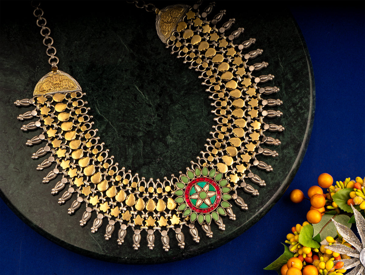 925 Sterling Silver Two Tone Necklace with Kundan Motif view 3