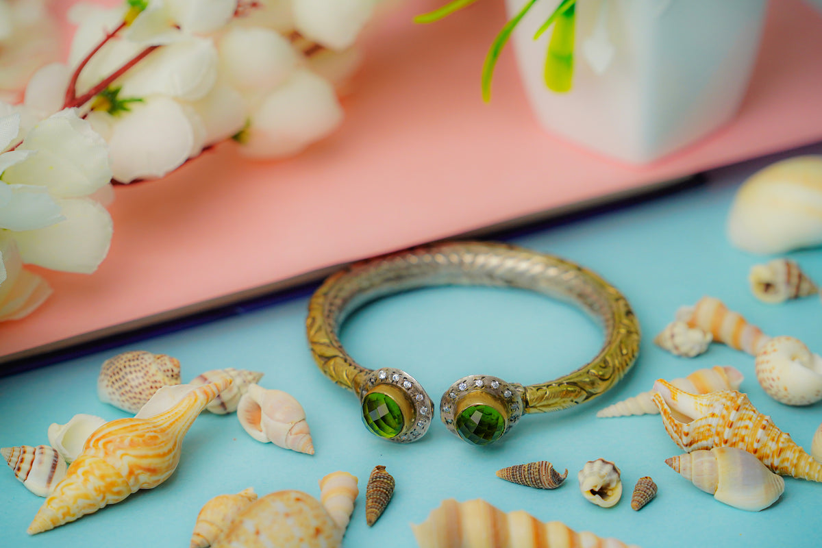 925 Silver Two Tone Chitai Bangle with Natural Green Gemstone view 3