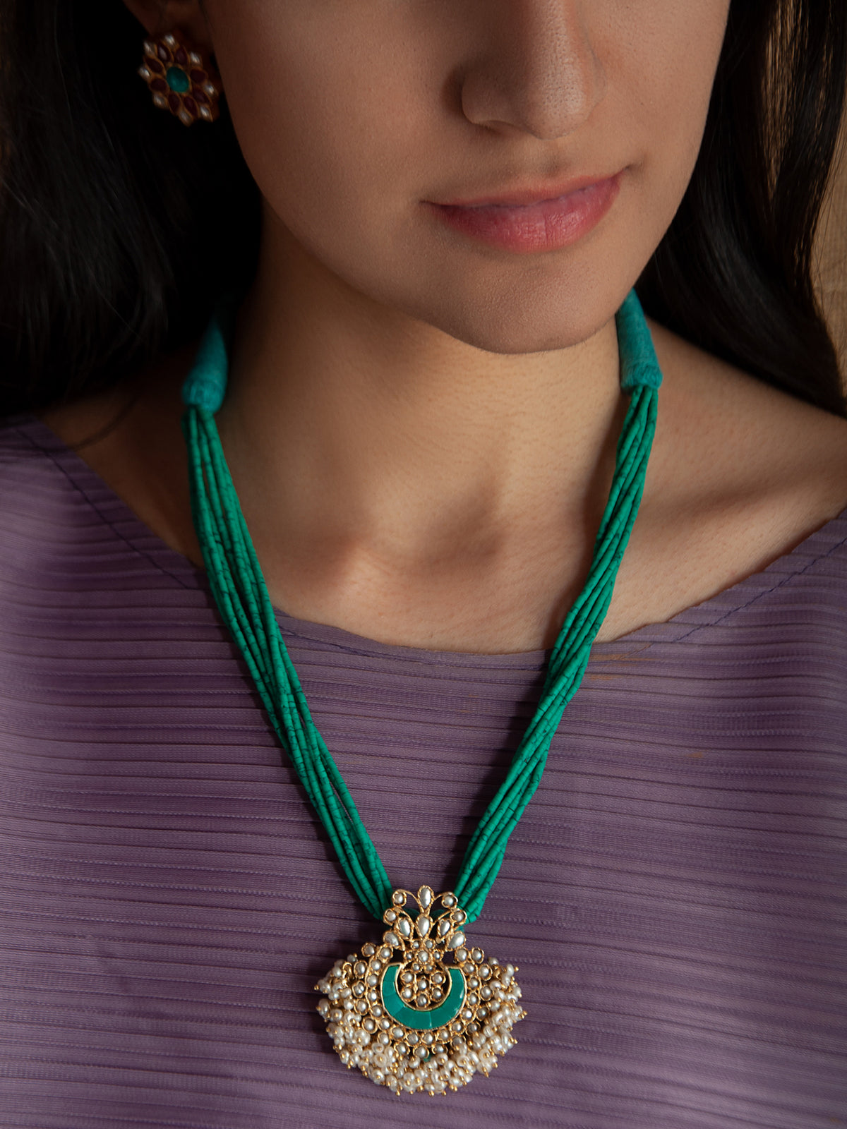 925 Sterling Silver 22K Gold Plated Green Turquoise Beaded Necklace With Pearl view 2