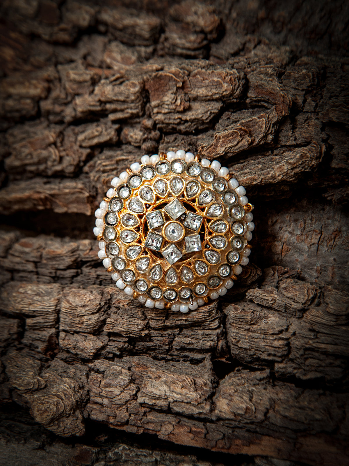 925 Sterling Silver Gold Plated Kundan Adjustable Ring view 2