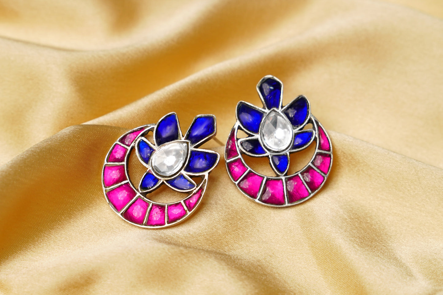 925 Silver Pink and Blue Signature Chandbali Studs - Neeta Boochra Jewellery