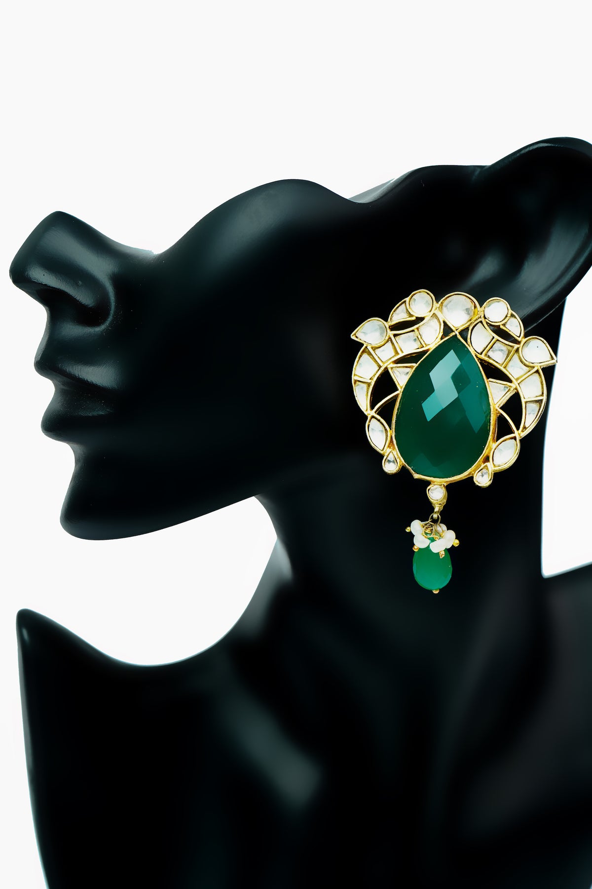 Silver Gold Plated Earrings with Green Stone and Kundan view 4