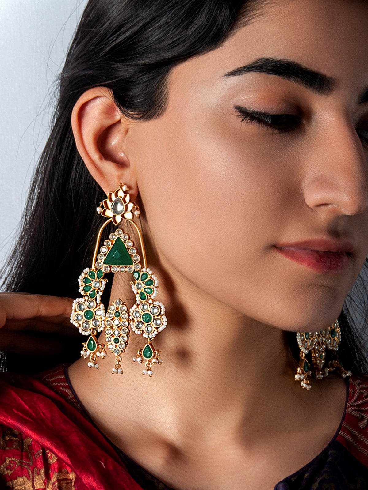925 Sterling Silver 22K Gold Plated Green Onyx Danglers Earrings With Pearl And White Kundan view 2