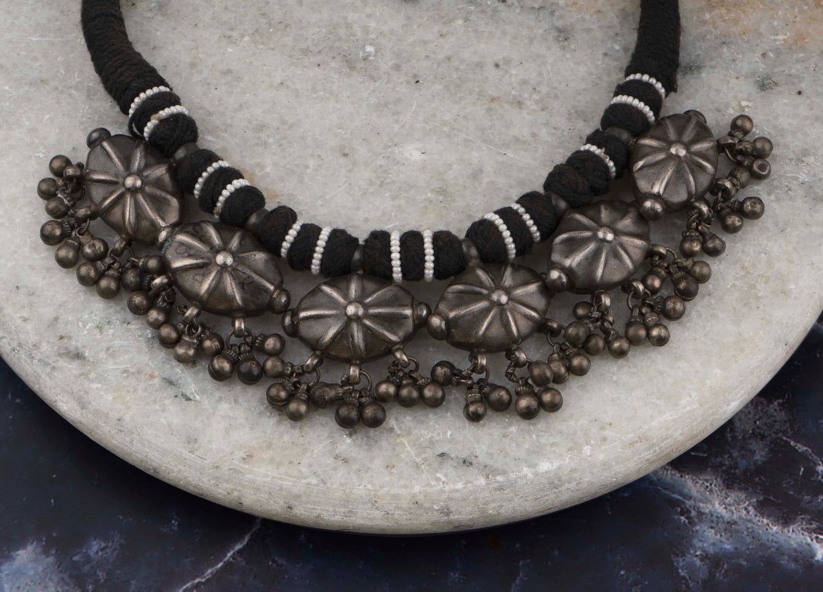 925 Sterling Silver Oxidized Necklace with Green and Black Adjustable Patwa Thread view 5