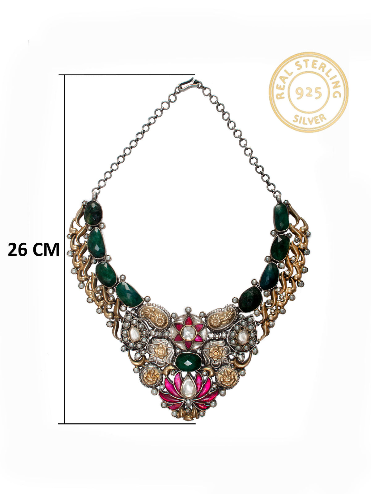 925 Sterling Silver Two Tone 22K Gold Plated Necklace With Labradorite, Pearl, Pink and White Kundan view 4