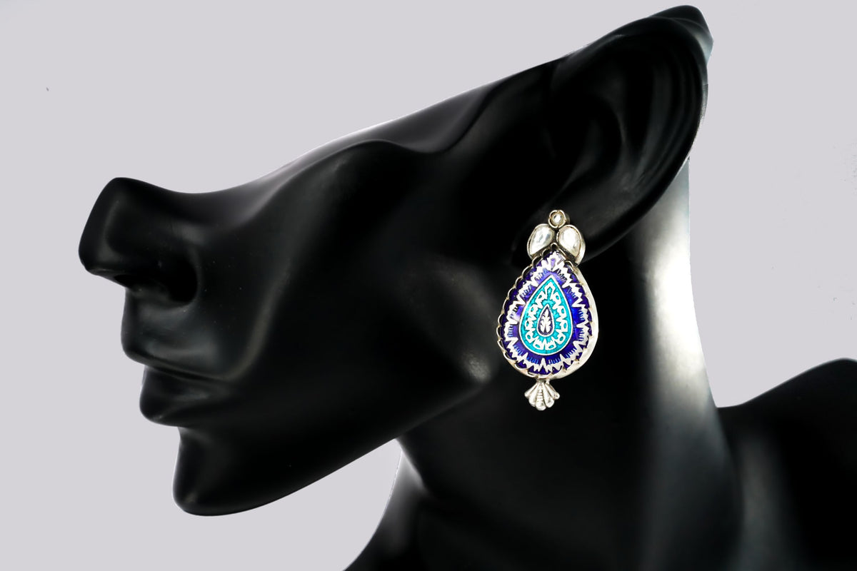 Aqua and Navy Blue Meenakari Kundan Earrings view 1
