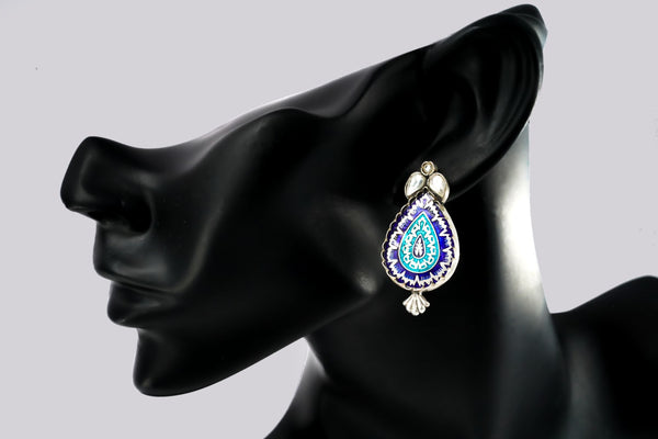 Aqua and Navy Blue Meenakari Kundan Earrings