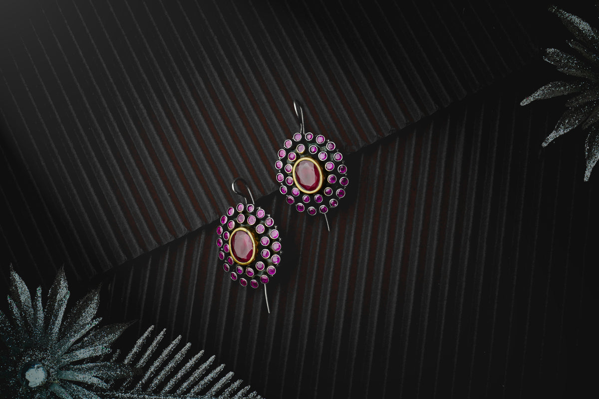 Silver Dotted Colored Gemstone Hook Earrings view 3