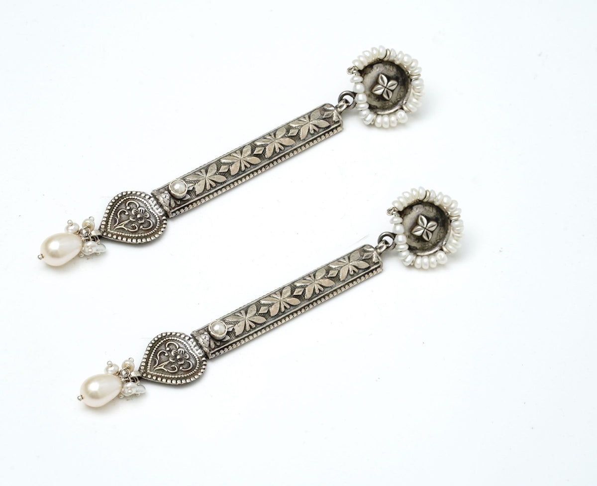 925 Silver Long Paan Earrings with Pearls view 1