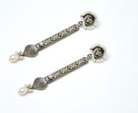 925 Silver Long Paan Earrings with Pearls view 1