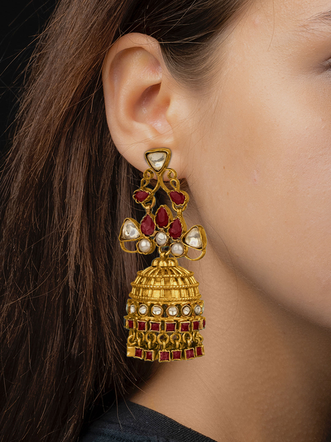 925 Sterling Silver Gold Plated Jhumki with Kundan and Ruby