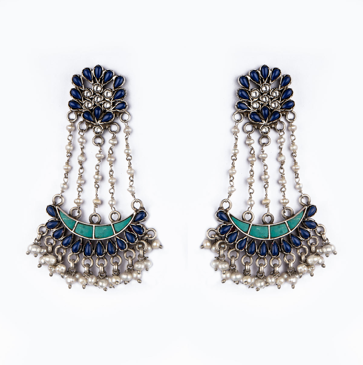 925 Sterling Silver Blue Lapis and Pearls Earrings view 1