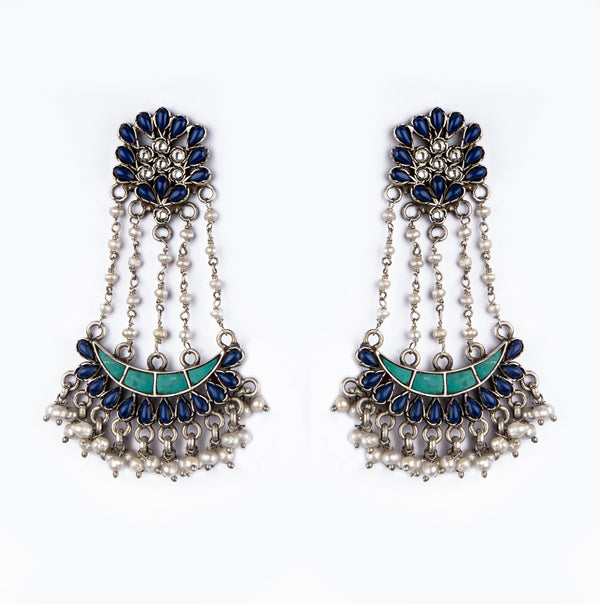 925 Sterling Silver Blue Lapis and Pearls Earrings