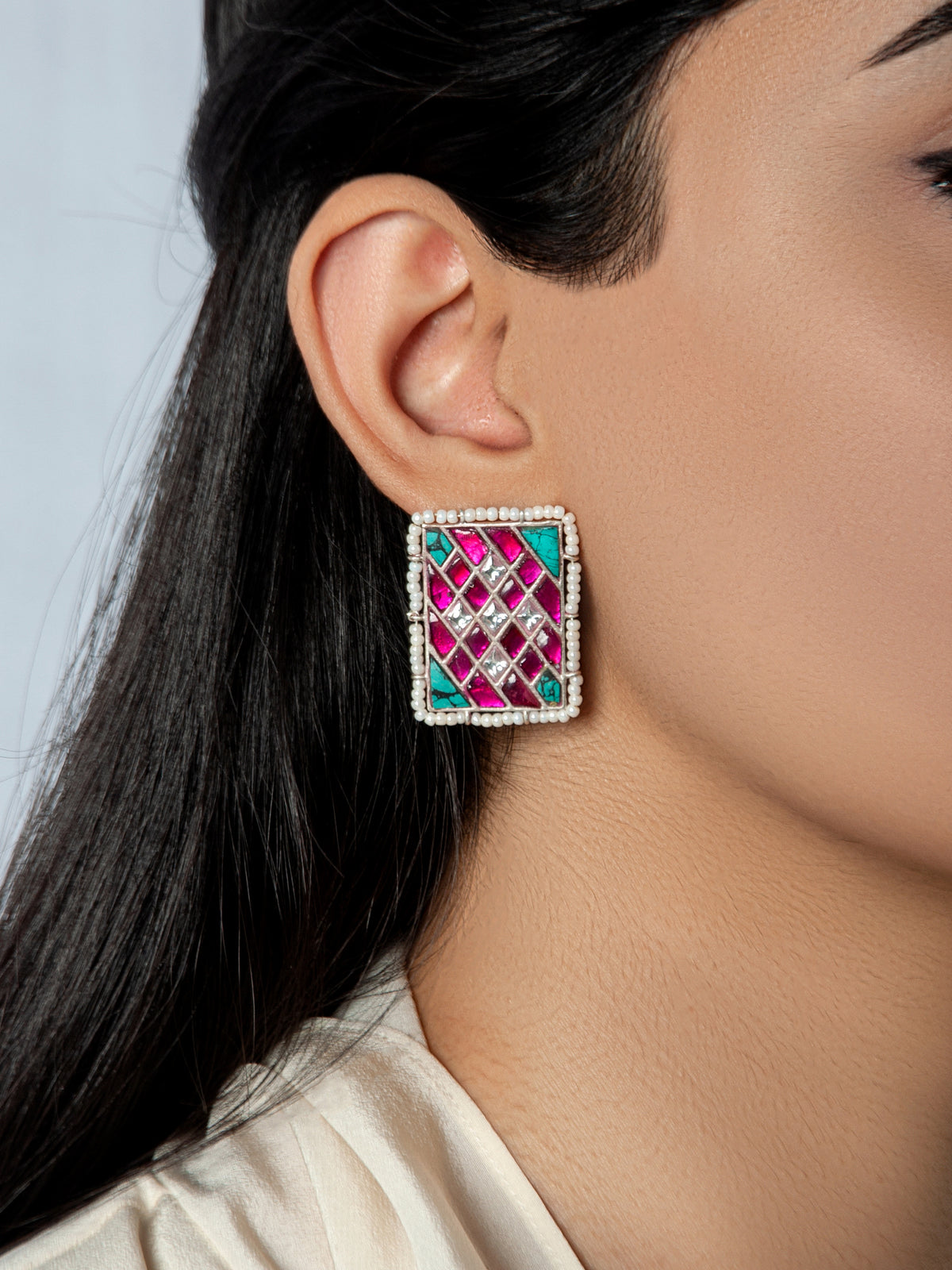 925 Sterling Silver Multicolored Kundan Studs with Pearl view 1