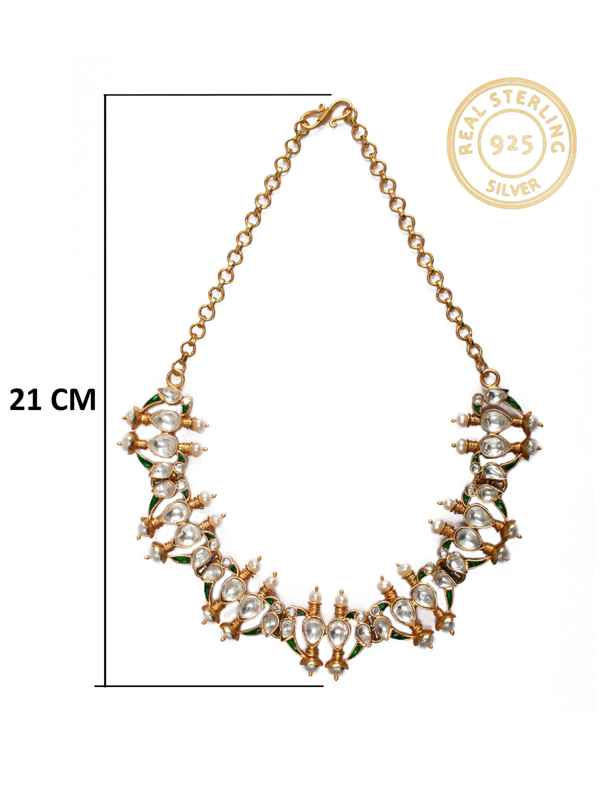 925 Sterling Silver 22K Gold Plated Parrot Necklace With White Kundan Green Kundan and Pearl view 5