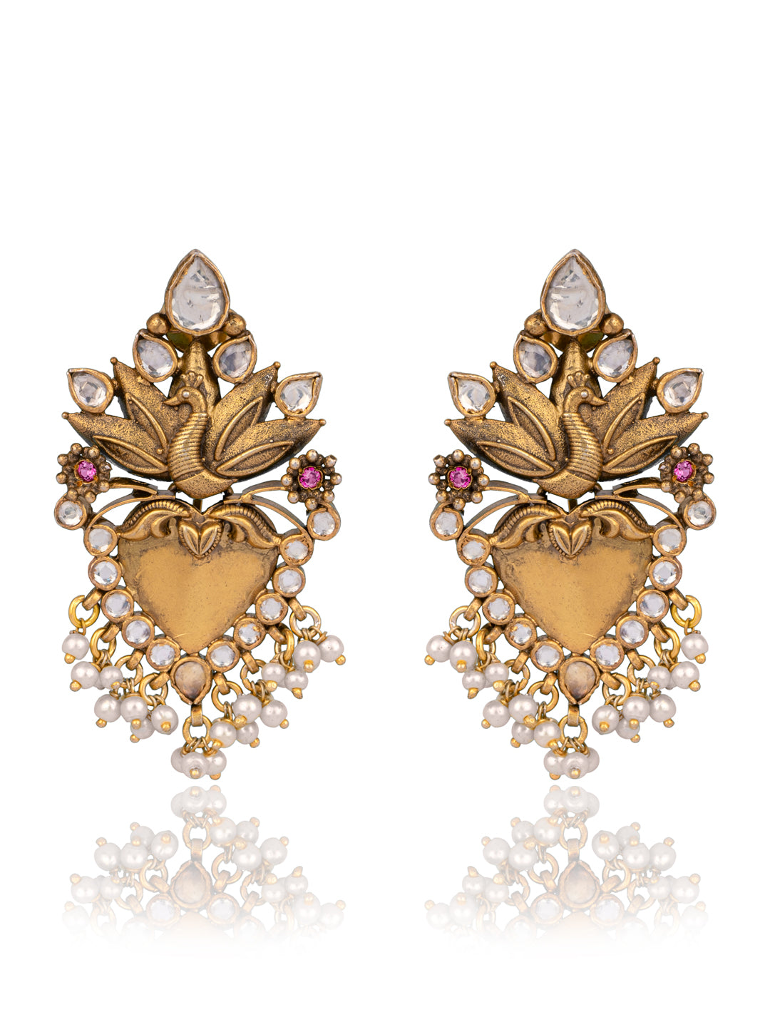 925 Sterling Silver Gold Plated Kundan Twin Peacock Earringss view 1