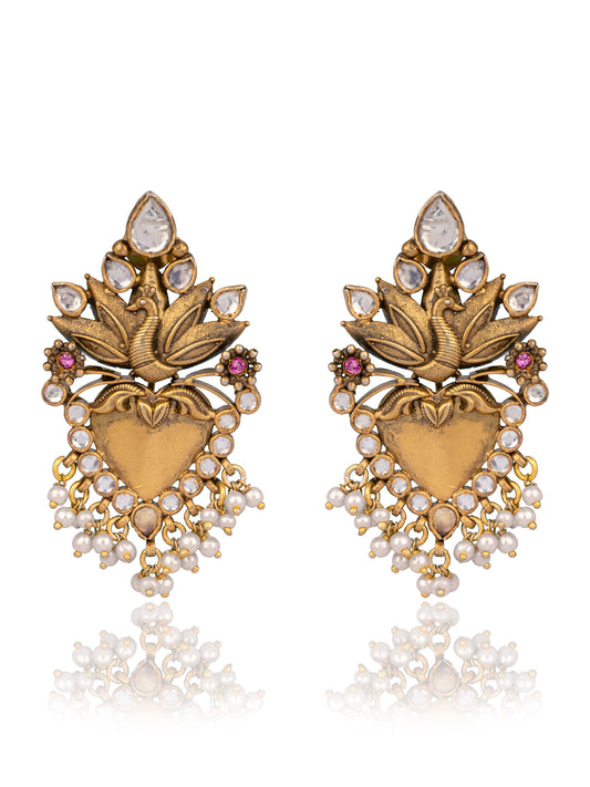 925 Sterling Silver Gold Plated Kundan Twin Peacock Earringss
