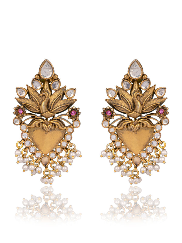 925 Sterling Silver Gold Plated Kundan Twin Peacock Earringss