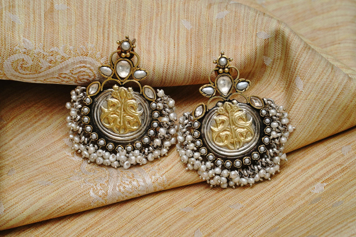 925 Silver Two Tone Earrings with Pearls and Kundan view 2