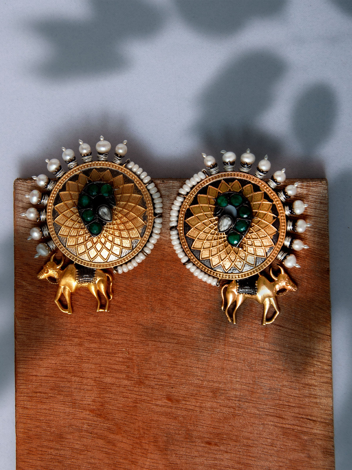 925 Sterling Silver Two Tone Gold Plated Nandi Studs Earrings With Pearl, Green Onyx and Kundan Gemstone view 3